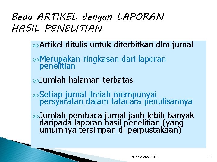 Beda ARTIKEL dengan LAPORAN HASIL PENELITIAN Artikel ditulis untuk diterbitkan dlm jurnal Merupakan penelitian