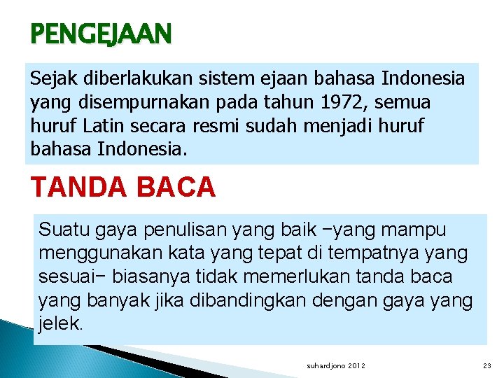 PENGEJAAN Sejak diberlakukan sistem ejaan bahasa Indonesia yang disempurnakan pada tahun 1972, semua huruf