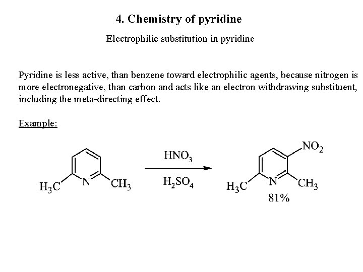 4. Chemistry of pyridine Electrophilic substitution in pyridine Pyridine is less active, than benzene 4. Chemistry of pyridine Electrophilic substitution in pyridine Pyridine is less active, than benzene