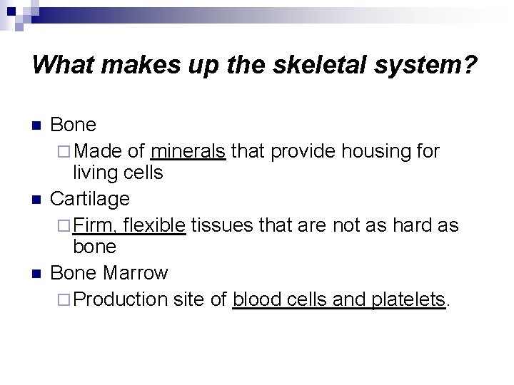 What makes up the skeletal system? n n n Bone ¨ Made of minerals