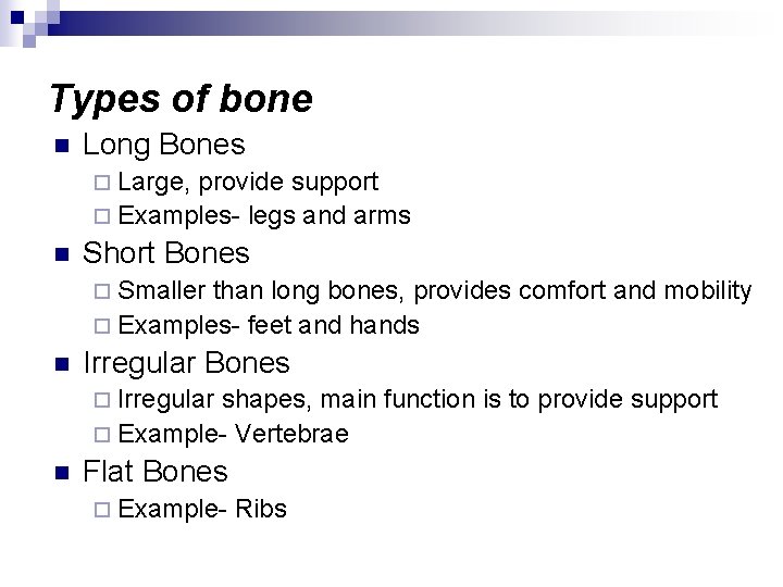 Types of bone n Long Bones ¨ Large, provide support ¨ Examples- legs and