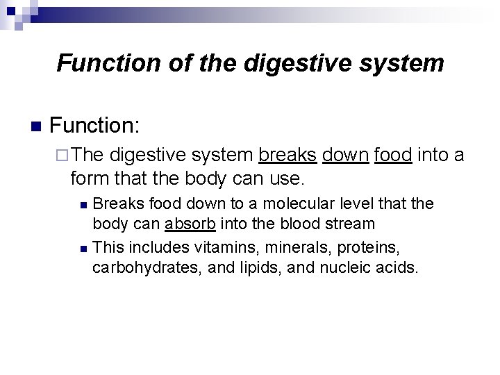 Function of the digestive system n Function: ¨ The digestive system breaks down food