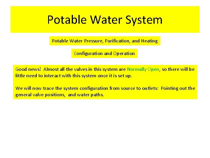 Potable Water System Potable Water Pressure, Purification, and Heating Configuration and Operation Good news! Potable Water System Potable Water Pressure, Purification, and Heating Configuration and Operation Good news!