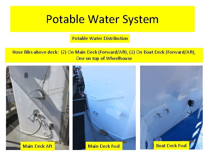 Potable Water System Potable Water Distribution Hose Bibs above deck: (2) On Main Deck Potable Water System Potable Water Distribution Hose Bibs above deck: (2) On Main Deck