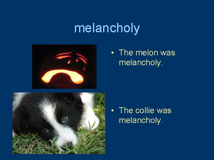 melancholy • The melon was melancholy. • The collie was melancholy. 