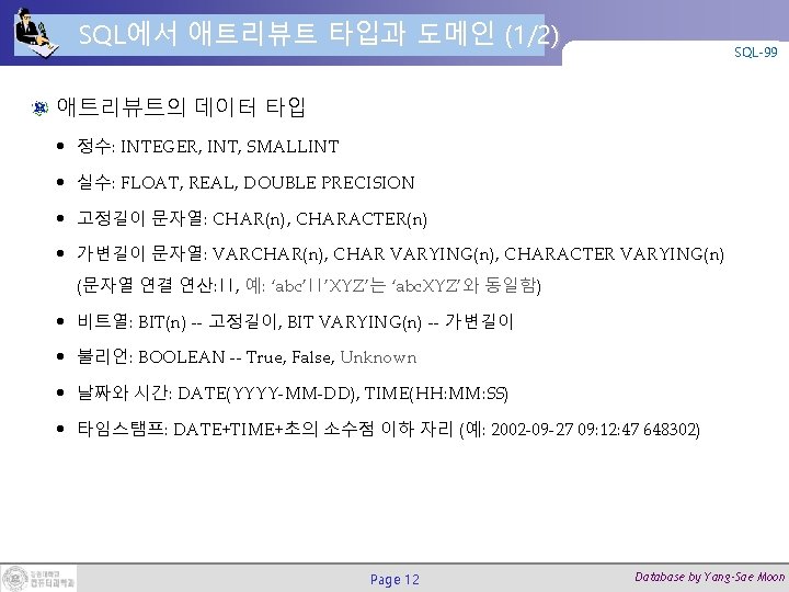 SQL에서 애트리뷰트 타입과 도메인 (1/2) SQL-99 애트리뷰트의 데이터 타입 • 정수: INTEGER, INT, SMALLINT