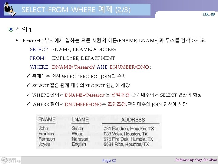 SELECT-FROM-WHERE 예제 (2/3) SQL-99 질의 1 • ‘Research’ 부서에서 일하는 모든 사원의 이름(FNAME, LNAME)과