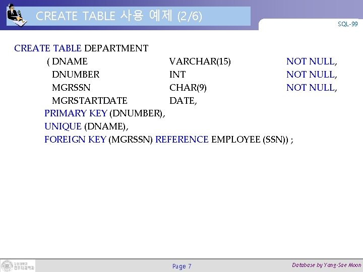 CREATE TABLE 사용 예제 (2/6) SQL-99 CREATE TABLE DEPARTMENT ( DNAME VARCHAR(15) NOT NULL,