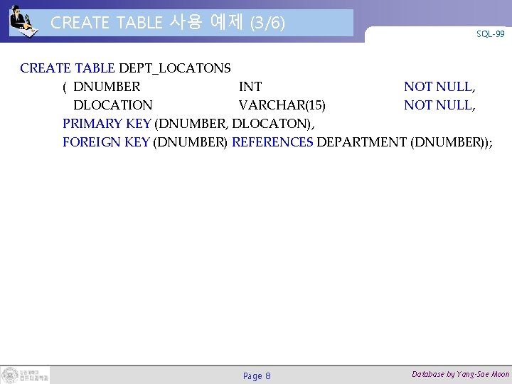 CREATE TABLE 사용 예제 (3/6) SQL-99 CREATE TABLE DEPT_LOCATONS ( DNUMBER INT NOT NULL,