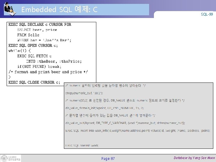 Embedded SQL 예제: C SQL-99 Page 87 Database by Yang-Sae Moon 