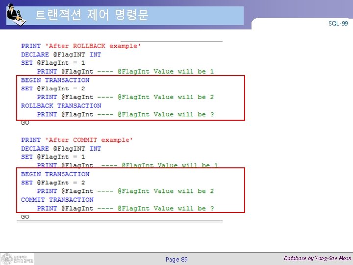 트랜젹션 제어 명령문 SQL-99 Page 89 Database by Yang-Sae Moon 
