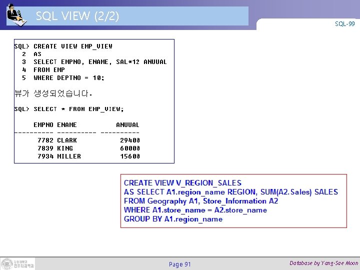 SQL VIEW (2/2) SQL-99 Page 91 Database by Yang-Sae Moon 