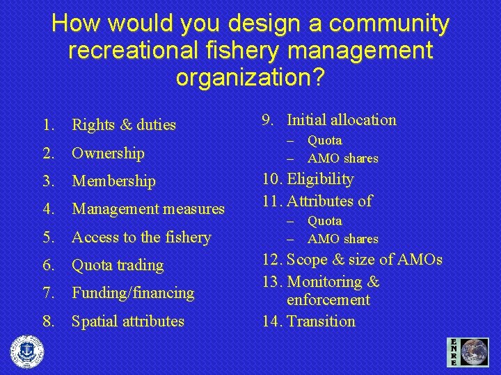 How would you design a community recreational fishery management organization? 1. Rights & duties