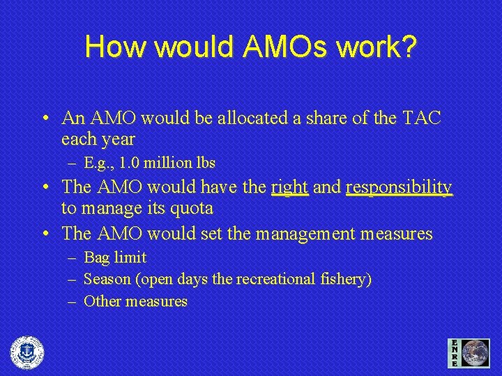 How would AMOs work? • An AMO would be allocated a share of the