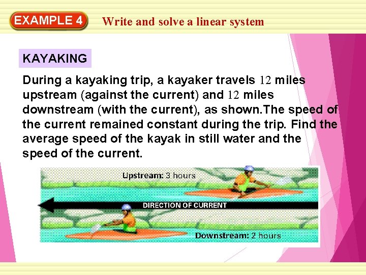 EXAMPLE 4 Write and solve a linear system KAYAKING During a kayaking trip, a
