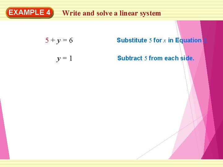 EXAMPLE 4 Write and solve a linear system 5+y=6 y=1 Substitute 5 for x