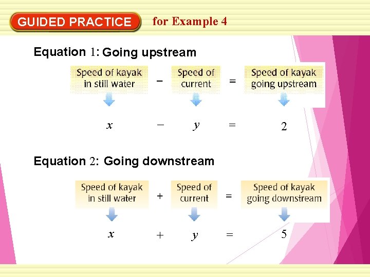 GUIDED PRACTICE for Example 4 Equation 1: Going upstream x – y = 2