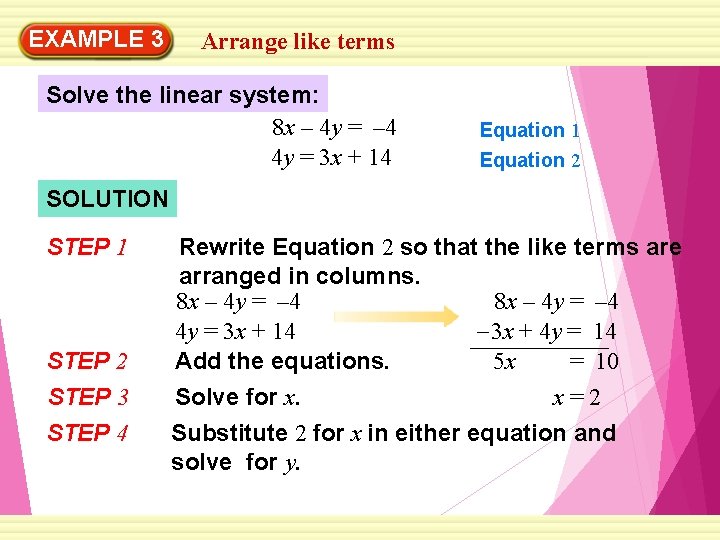 EXAMPLE 3 Arrange like terms Solve the linear system: 8 x – 4 y