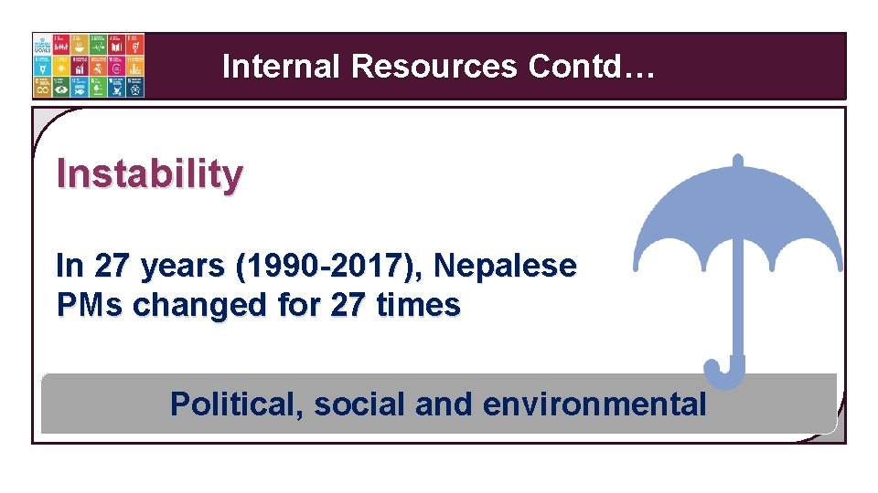 Internal Resources Contd… Instability In 27 years (1990 -2017), Nepalese PMs changed for 27