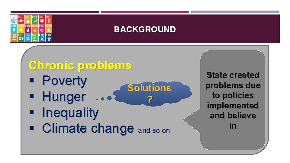 BACKGROUND Chronic problems § § Poverty Solutions Hunger ? Inequality Climate change and so