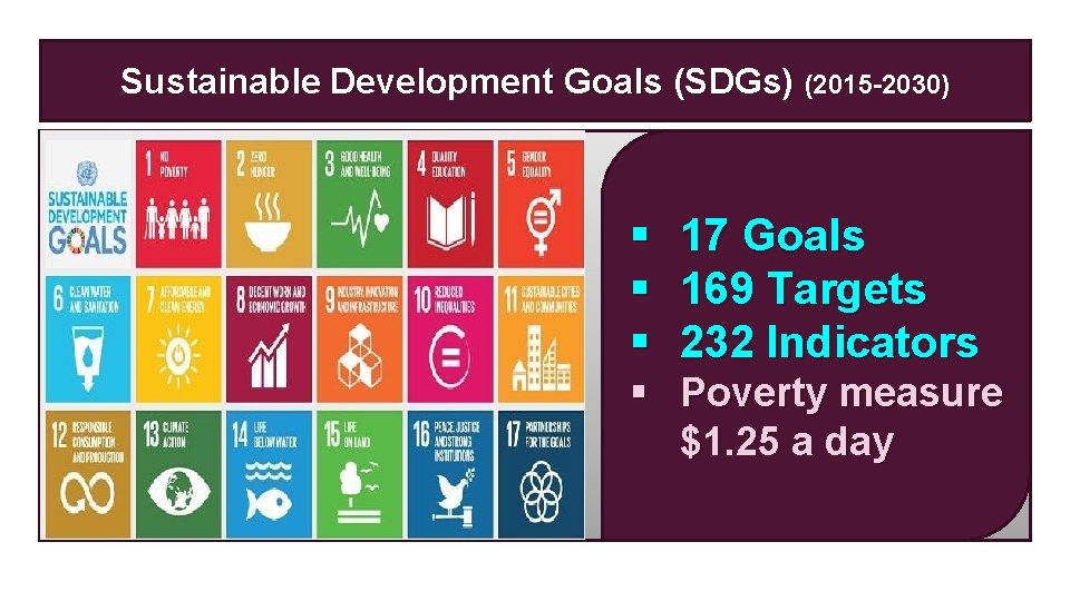 Sustainable Development Goals (SDGs) (2015 -2030) § 17 Goals § 169 Targets § 232