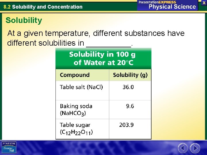 8. 2 Solubility and Concentration Solubility At a given temperature, different substances have different