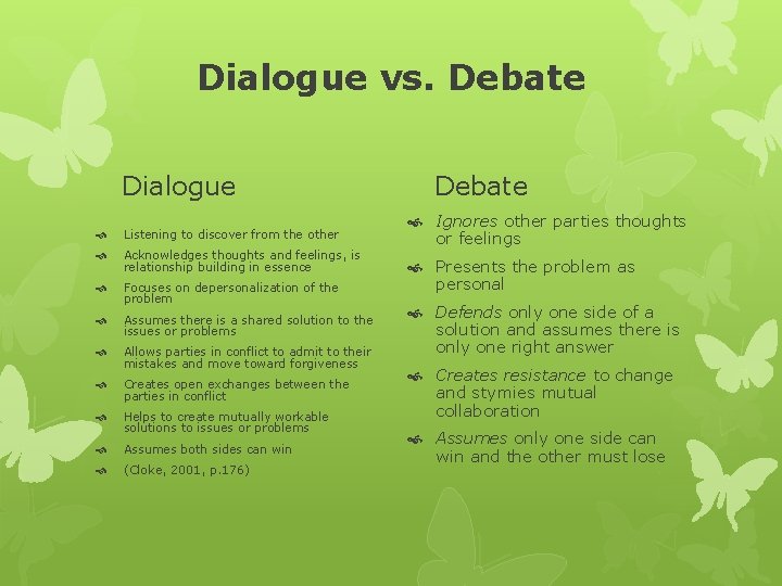 Dialogue vs. Debate Dialogue Listening to discover from the other Acknowledges thoughts and feelings,