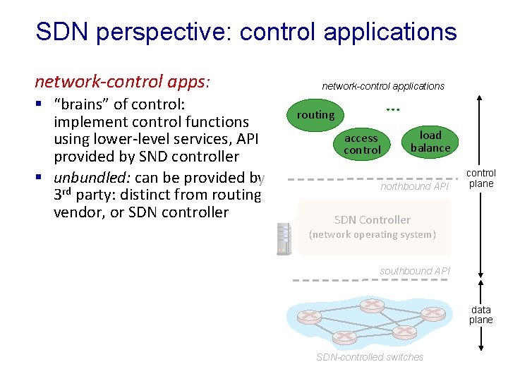 SDN perspective: control applications network-control apps: § “brains” of control: implement control functions using