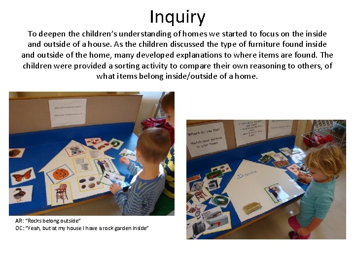 Inquiry To deepen the children’s understanding of homes we started to focus on the