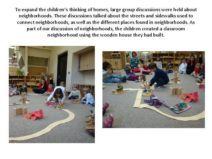 To expand the children’s thinking of homes, large group discussions were held about neighborhoods.