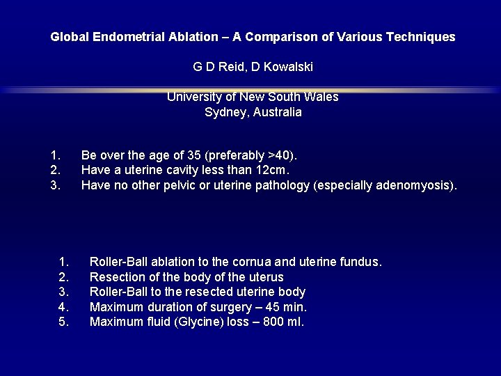 Global Endometrial Ablation – A Comparison of Various Techniques G D Reid, D Kowalski