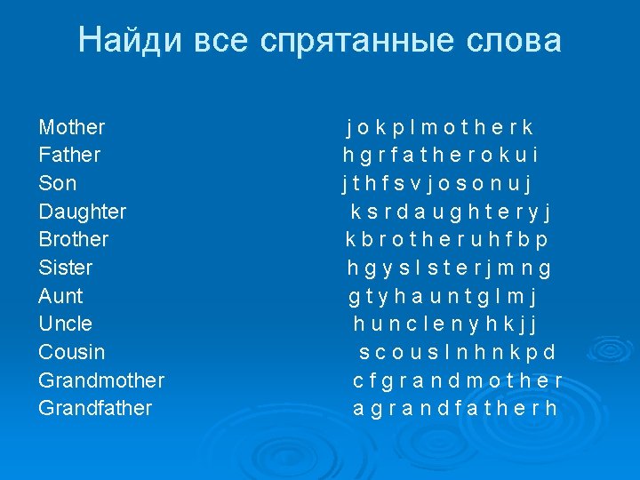 Найди все спрятанные слова Mother Father Son Daughter Brother Sister Aunt Uncle Cousin Grandmother