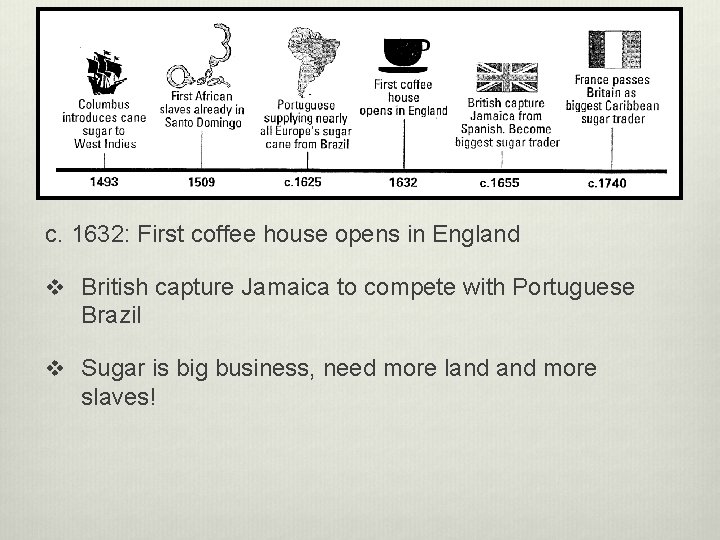 c. 1632: First coffee house opens in England v British capture Jamaica to compete