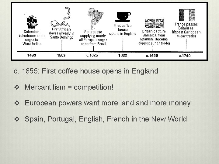 c. 1655: First coffee house opens in England v Mercantilism = competition! v European