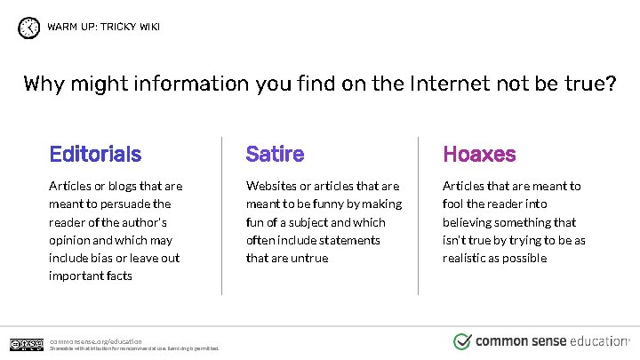 WARM UP: TRICKY WIKI Why might information you find on the Internet not be