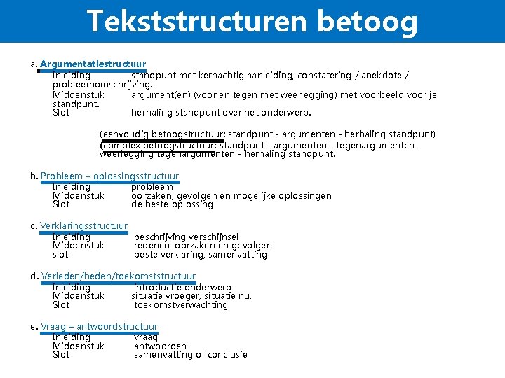 Tekststructuren betoog a. Argumentatiestructuur Inleiding standpunt met kernachtig aanleiding, constatering / anekdote / probleemomschrijving.