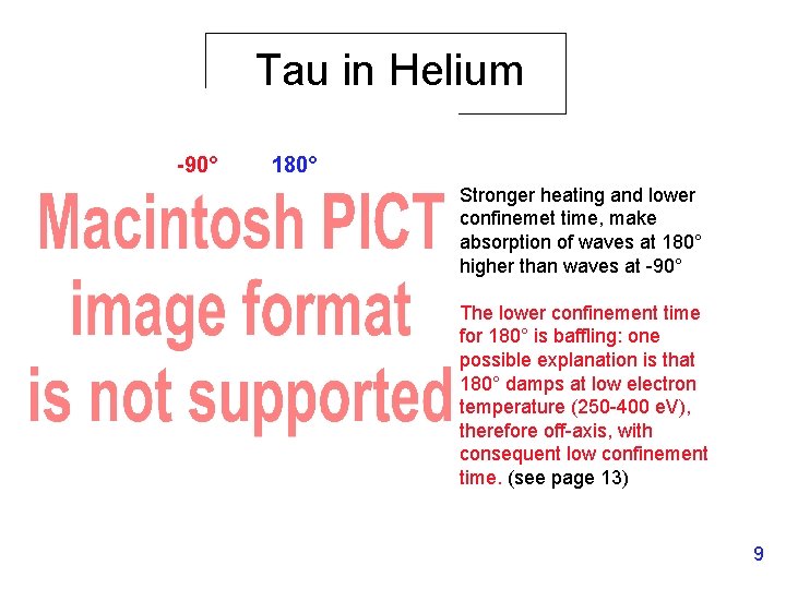 Tau in Helium -90° 180° Stronger heating and lower confinemet time, make absorption of