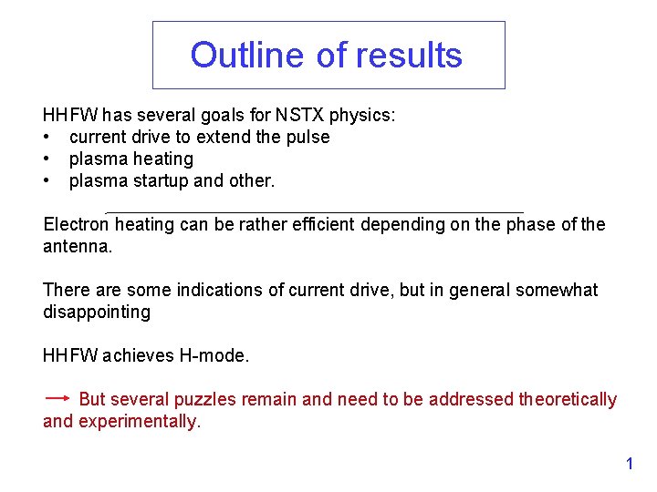Outline of results HHFW has several goals for NSTX physics: • current drive to