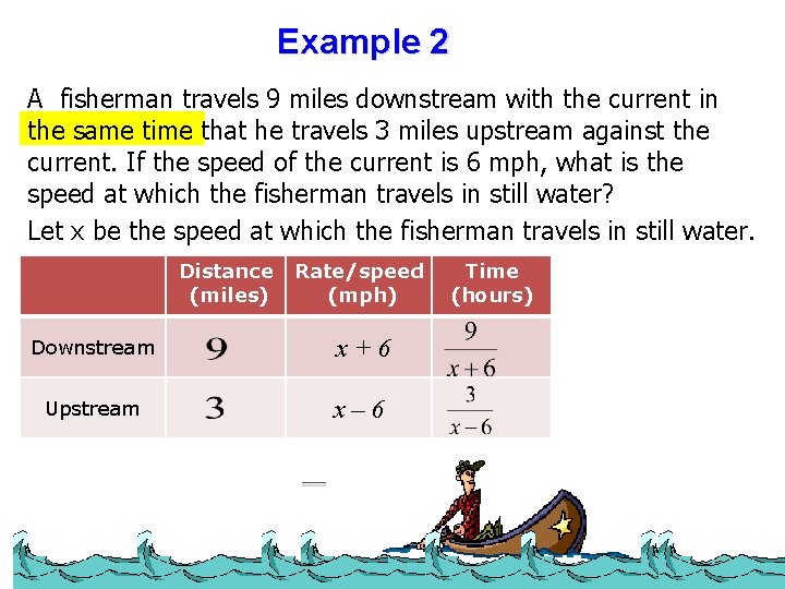 Example 2 A fisherman travels 9 miles downstream with the current in the same
