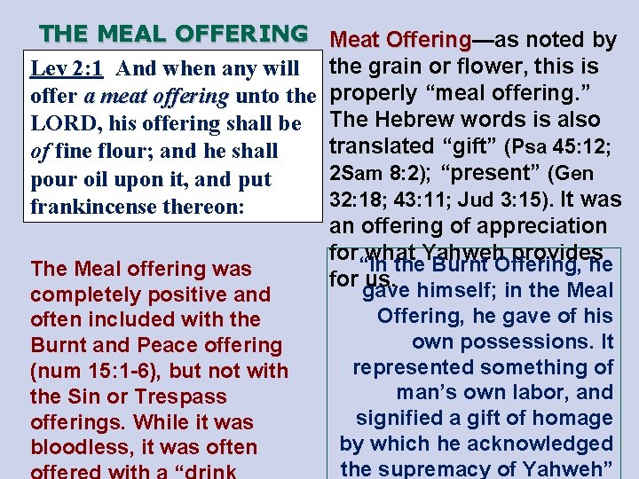 THE MEAL OFFERING Lev 2: 1 And when any will offer a meat offering