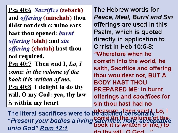 The Hebrew words for Peace, Meal, Burnt and Sin offerings are used in this