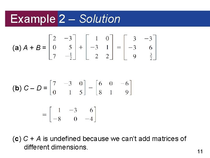 Example 2 – Solution (a) A + B = (b) C – D =