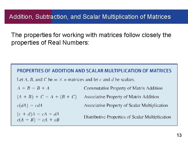 Addition, Subtraction, and Scalar Multiplication of Matrices The properties for working with matrices follow