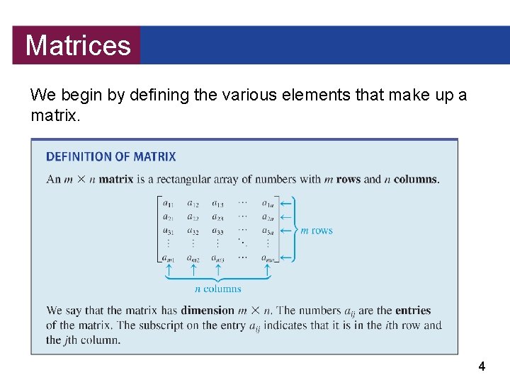 Matrices We begin by defining the various elements that make up a matrix. 4