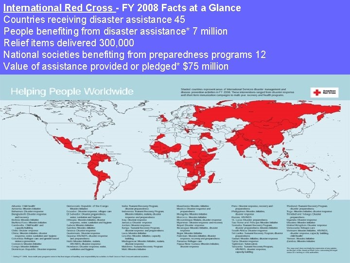 International Red Cross - FY 2008 Facts at a Glance Countries receiving disaster assistance