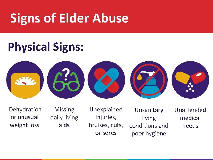 Signs of Elder Abuse Physical Signs: Dehydration or unusual weight loss Missing daily living