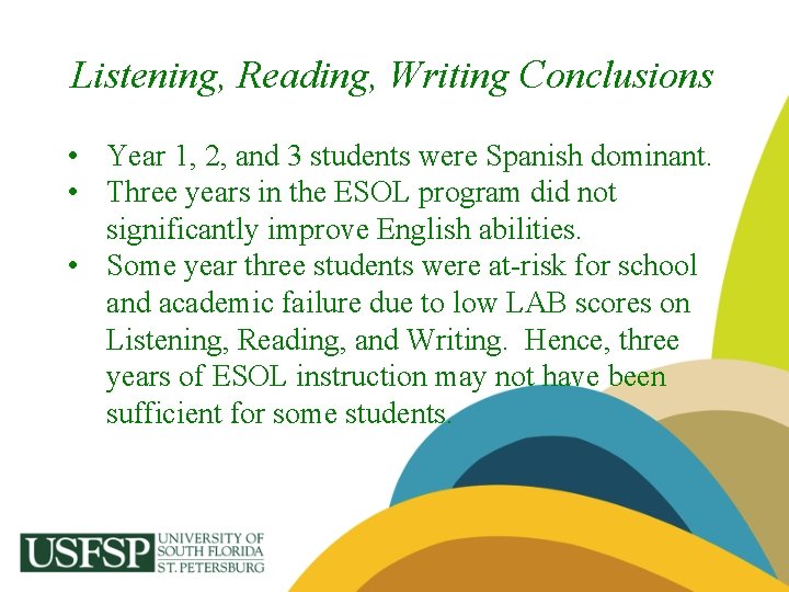 Listening, Reading, Writing Conclusions • Year 1, 2, and 3 students were Spanish dominant.