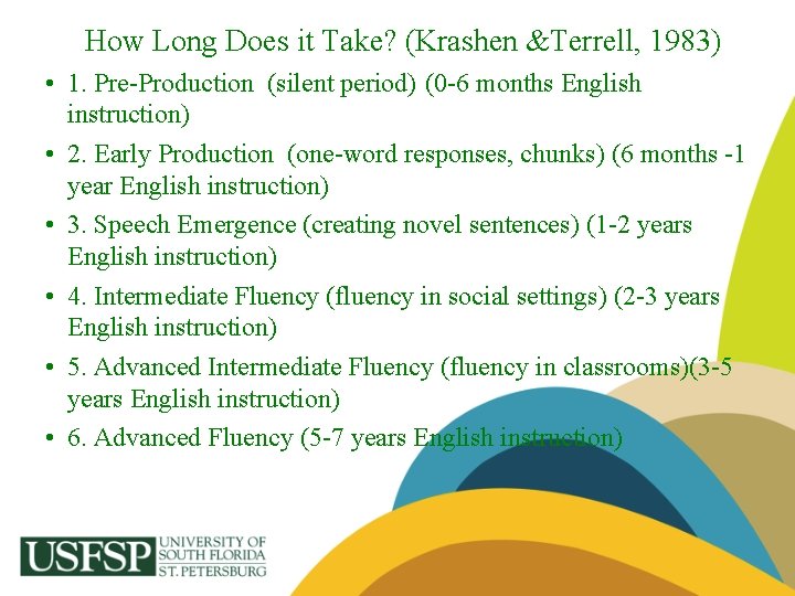 How Long Does it Take? (Krashen &Terrell, 1983) • 1. Pre-Production (silent period) (0