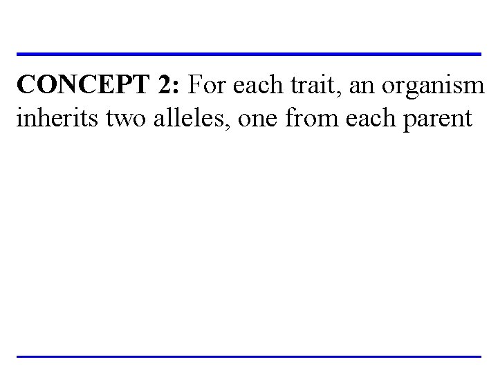 CONCEPT 2: For each trait, an organism inherits two alleles, one from each parent