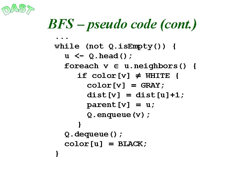 BFS – pseudo code (cont. ). . . while (not Q. is. Empty()) {